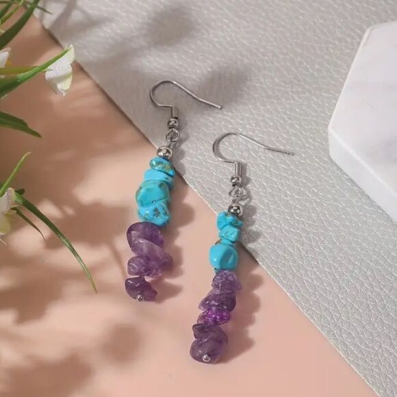 ✨🆕✨ Bohemian Purple Amethyst & Turquoise Natural Stone Ear Hook Earrings ✨ - Picture 5 of 13
